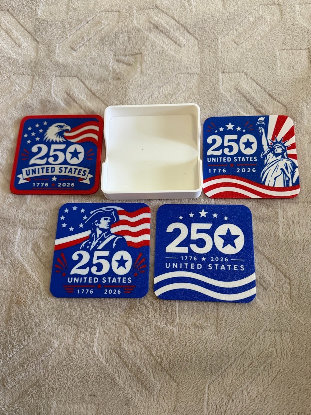 Hand Crafted 3D printed Red, White, Blue 250th Anniversary Set of 4 Coasters - Picture 2 of 4